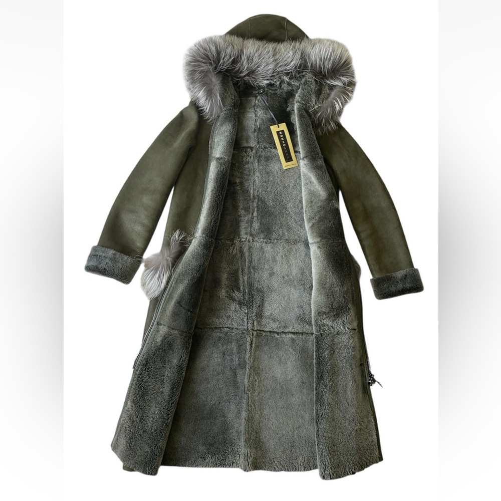 Women's Genuine Fox Fur Hooded Full Zip Shearling Long Coat Olive Green M runs S